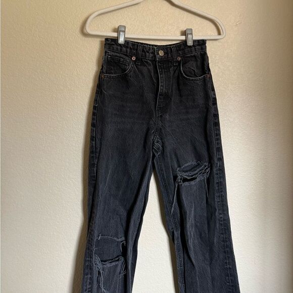 ZARA Cuffed Hem Folded Over High Rise Wide Leg Jeans Sz 4 Black Distressed - Picture 2 of 8